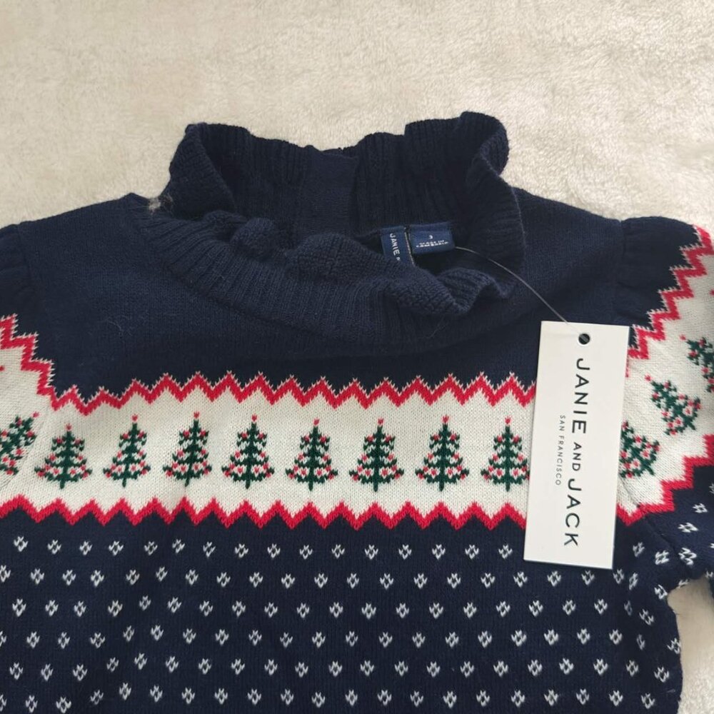 New Janie & Jack Navy Blue Patterned Fair Isle Sweater Dress. - Picture 4 of 6